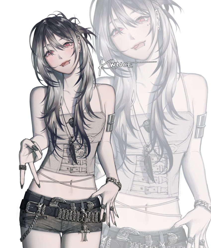 1girl, belt, black_belt, black_hair, black_shorts, bracelet, camisole, commentary