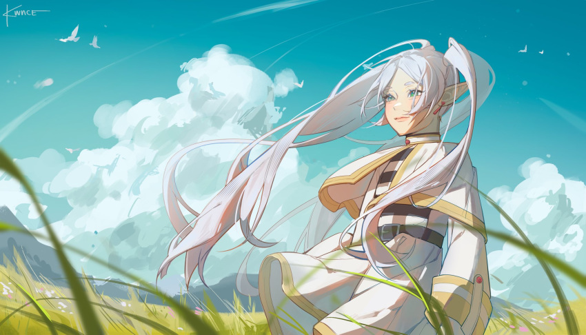 1girl, bird, blue_sky, capelet, closed_mouth, clouds, commentary, earrings