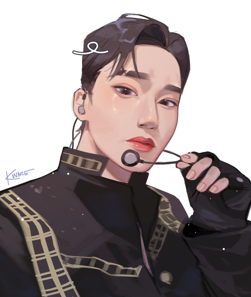 1boy, asian, ateez, black_eyes, black_gloves, black_hair, black_jacket, choi_san, closed_mouth, commentary, earpiece, english_commentary, eyebrow_cut, fingerless_gloves, gloves, hand_on_headwear, highres, jacket, k-pop, kwnce, long_sleeves, male_focus, microphone, portrait, real_life, red_lips, short_hair, signature, simple_background, solo, very_short_hair, white_background
