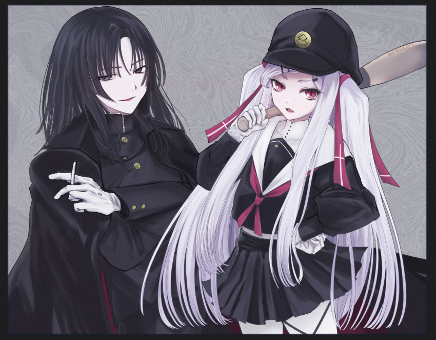 1boy, 1girl, baseball_bat, black_eyes, black_hair, black_shirt, black_skirt, cigarette, cowboy_shot, gakuran, gakuseibou, geminism, gloves, hair_ribbon, hat, highres, hirosoma_shinku, holding, holding_baseball_bat, holding_cigarette, long_hair, looking_at_viewer, medium_hair, mmntmrt, neckerchief, open_mouth, red_eyes, red_neckerchief, red_ribbon, ribbon, sailor_collar, school_uniform, serafuku, sharp_teeth, shirt, sidelocks, skirt, teeth, tsukishiro_tsukishiro, two_side_up, white_gloves, white_hair, white_sailor_collar