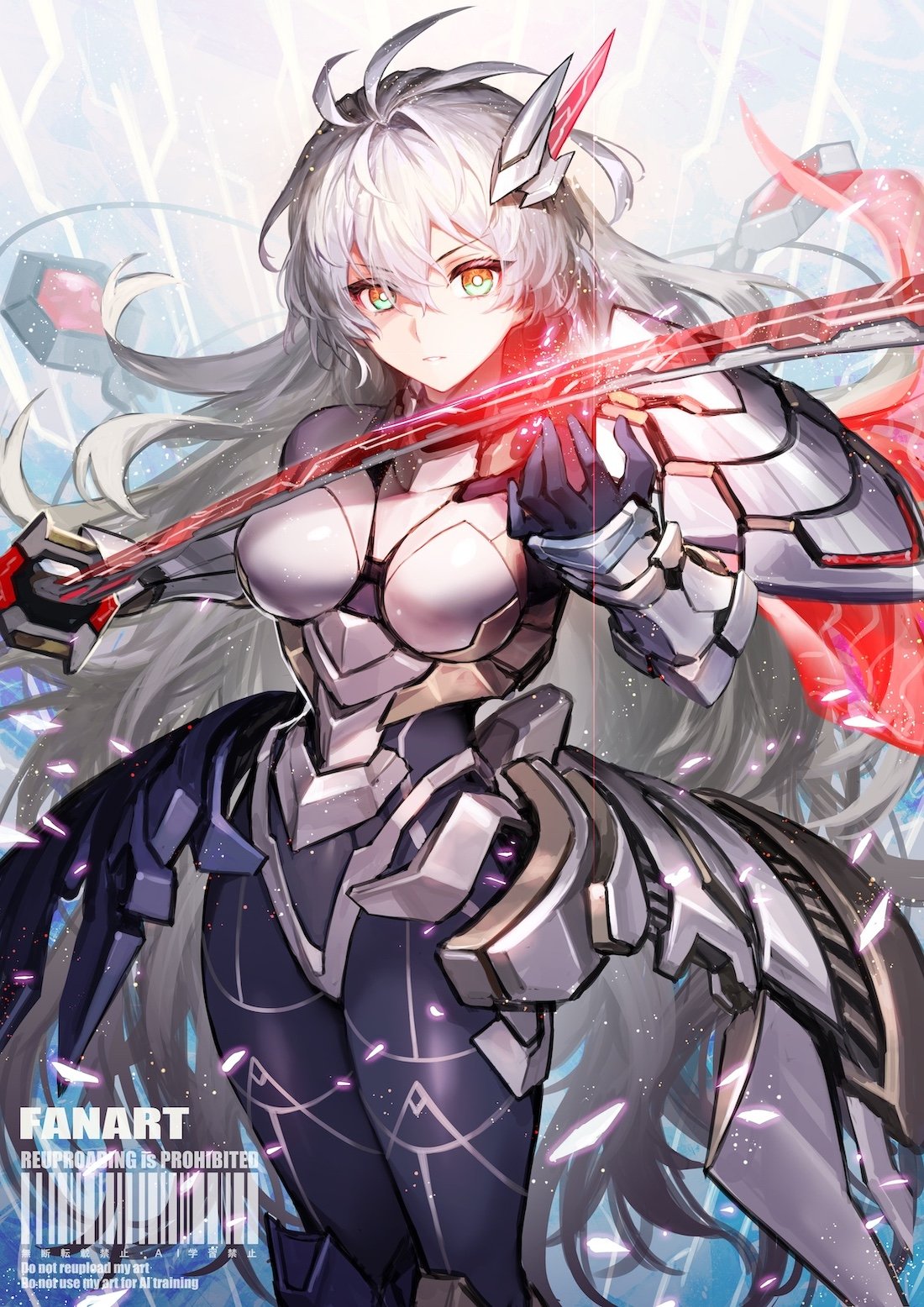 1girl, armor, breasts, duel_monster, grey_hair, hair_between_eyes, highres, holding