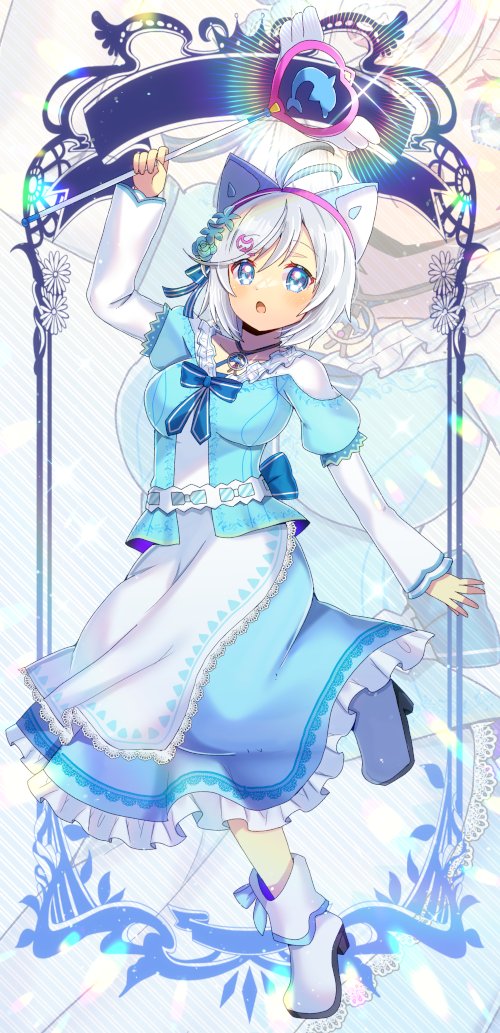 .live, 1girl, :o, animal_ear_headphones, animal_ears, apron, arm_up, blue_eyes