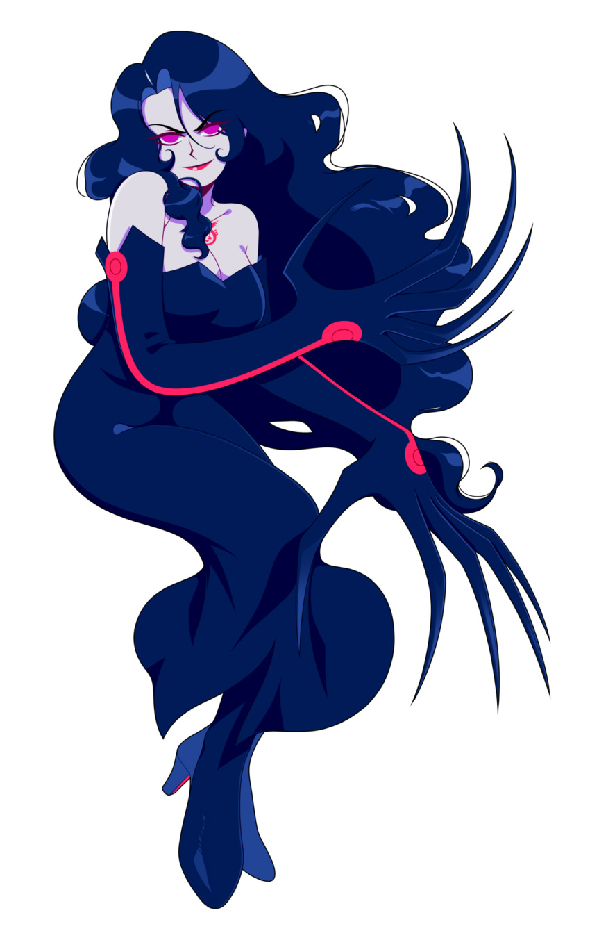 1girl, black_hair, boots, chest_tattoo, commentary, dress, elbow_gloves, full_body