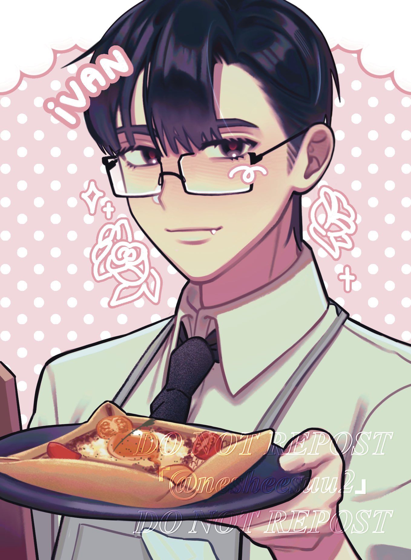 1boy, alien_stage, apron, black_eyes, black_necktie, character_name, cherry_tomato, closed_mouth
