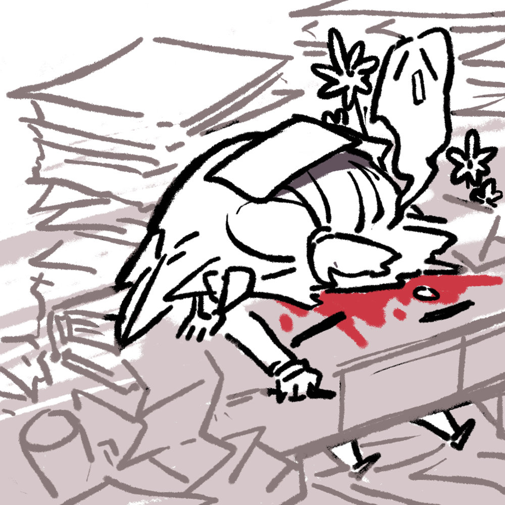 1girl, blood, chibi, chibi_only, chinese_commentary, cui_pi_zha_xia_qiu, desk, face_down