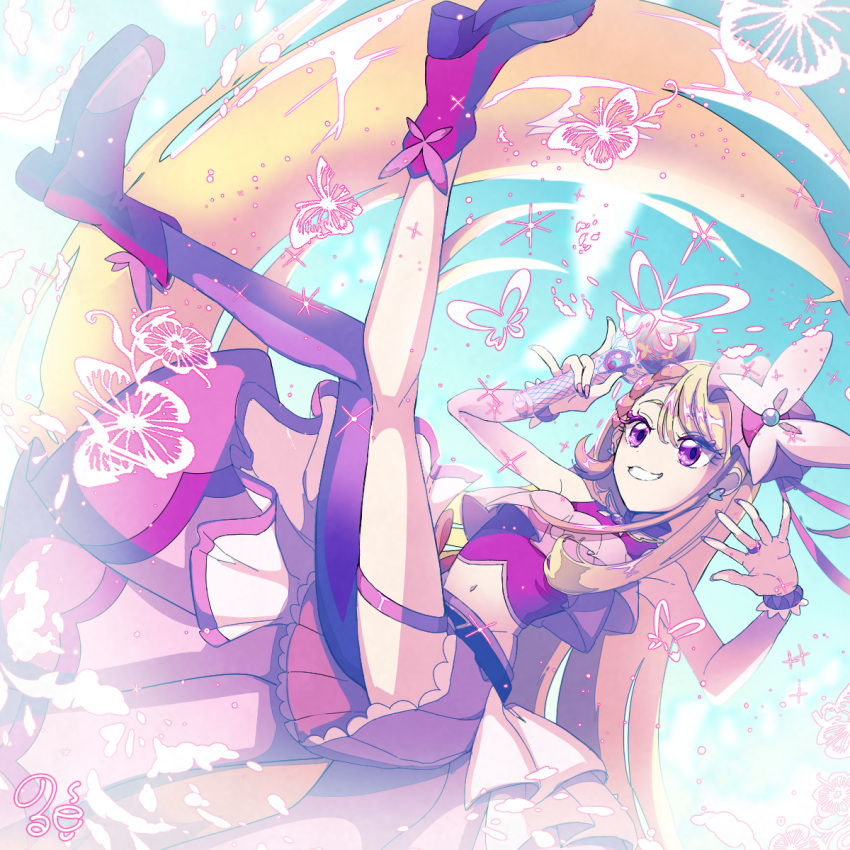 1girl, ankle_boots, belt, black_belt, blonde_hair, blue_sky, boots, bow