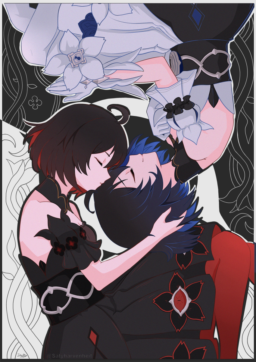 2girls, bare_shoulders, black_dress, black_hair, black_sleeves, blue_hair, closed_eyes, closed_mouth