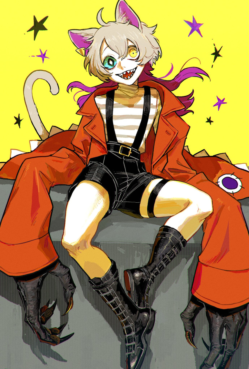 1boy, animal_ears, black_shorts, blonde_hair, blue_sclera, boots, cat_boy, cat_ears