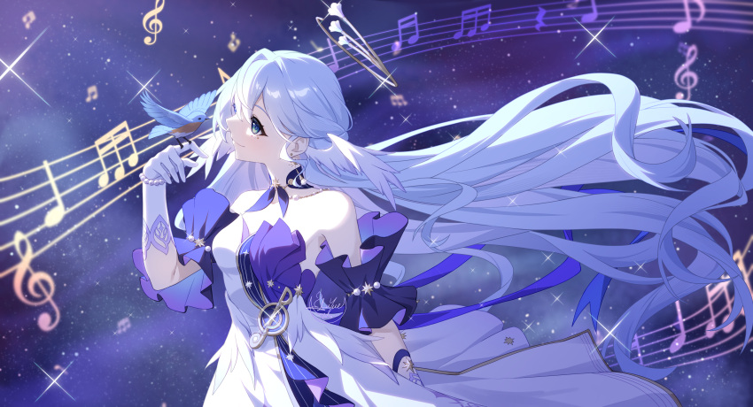 1girl, absurdres, bead_bracelet, beads, beamed_sixteenth_notes, beamed_sixty-fourth_notes, bird, bird_on_hand, bracelet, closed_mouth, detached_sleeves, dotted_whole_note, dress, halo, head_wings, highres, honkai:_star_rail, honkai_(series), jewelry, landscape, long_hair, looking_at_animal, luyue, music, musical_note, musical_staff, purple_dress, purple_hair, purple_sleeves, quarter_note, robin_(honkai:_star_rail), short_sleeves, sixty-fourth_note, sparkle, star_(sky), strapless, strapless_dress, treble_clef, very_long_hair, white_dress, white_wings, wings