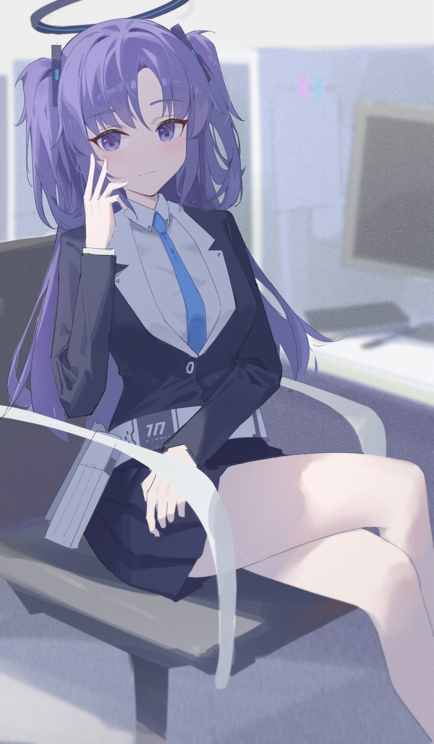 1girl, absurdres, black_skirt, black_suit, blue_archive, blue_necktie, blurry, blurry_background