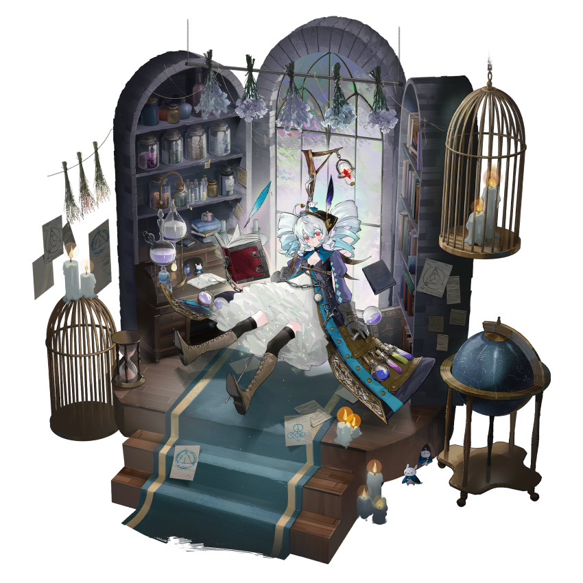 1girl, artist_request, black_gloves, blue_hair, book, cage, candle, carpet