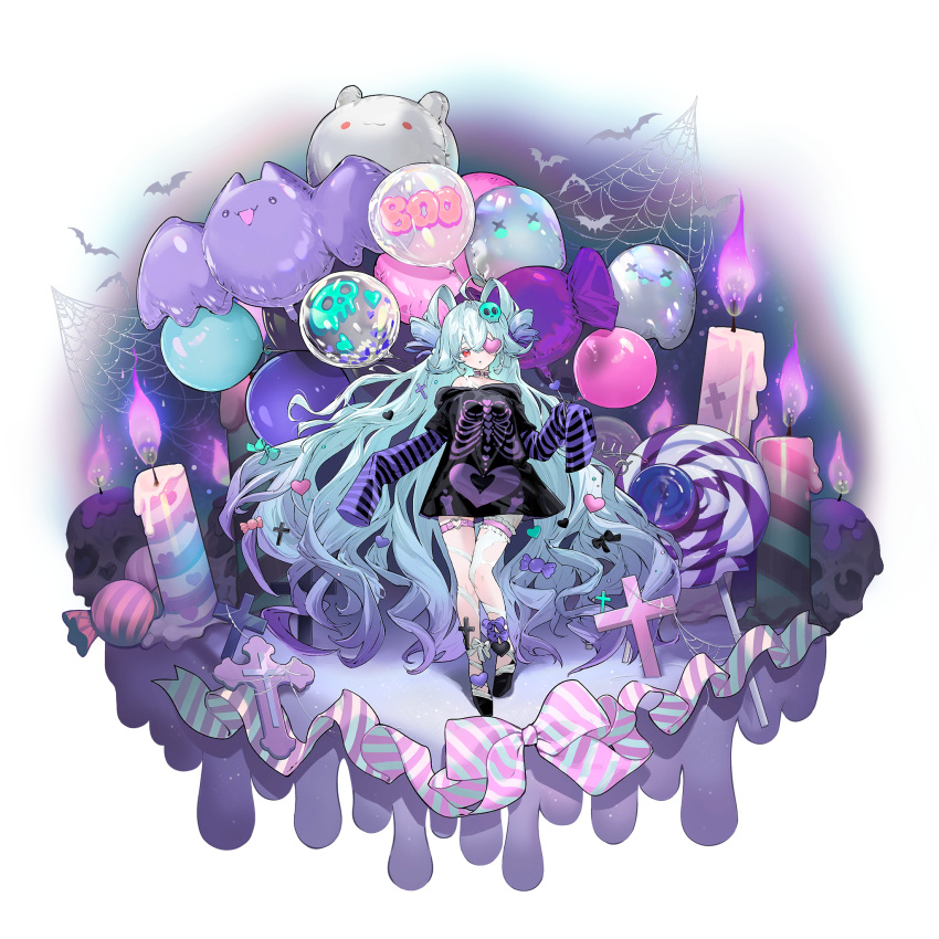 1girl, aqua_hair, artist_request, balloon, black_shirt, candle, choker, covered_eyes