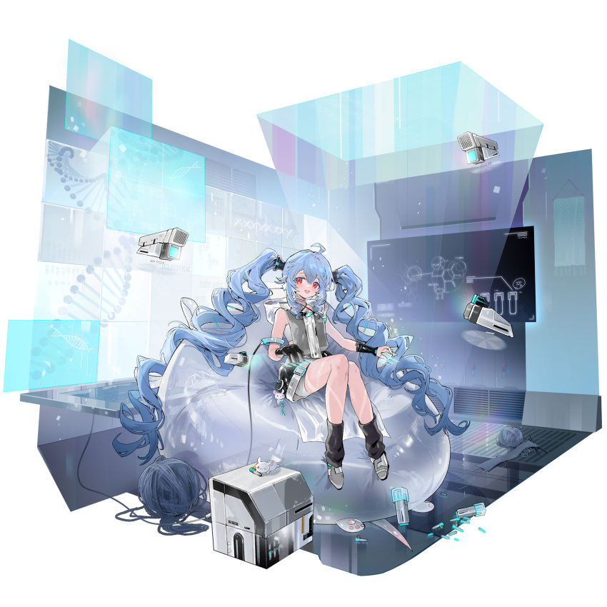 1girl, artist_request, black_gloves, black_shorts, black_socks, blue_hair, curly_hair, dna
