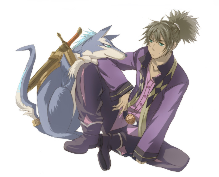 black_hair, dog, green_eyes, iizuka, male, raven, raven_(tov), repede, sitting, tales_of_(series), tales_of_vesperia, white_background