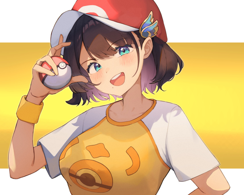1girl, baseball_cap, blue_eyes, blush, brown_hair, deho_toiimasu, hat, hat_ornament