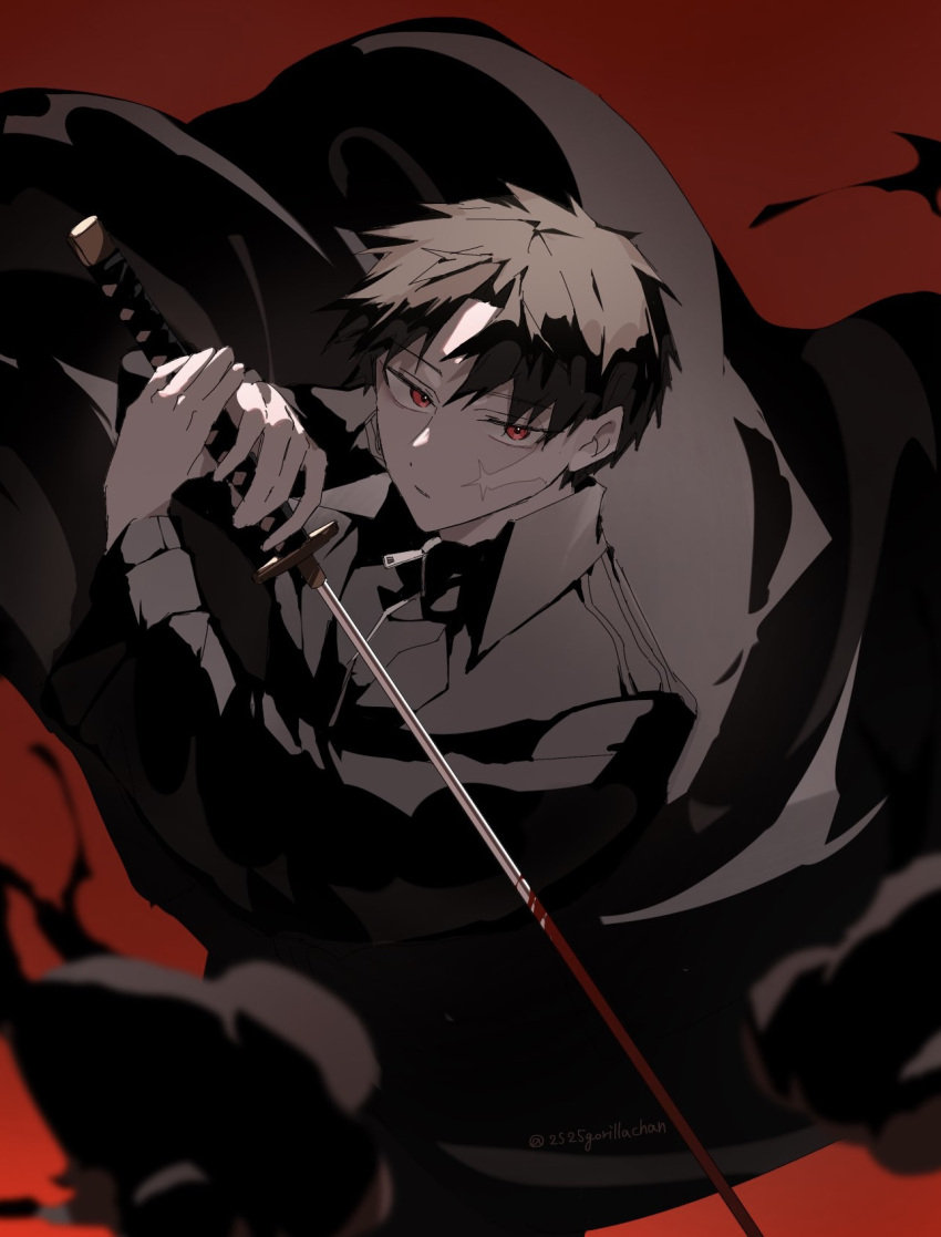 1boy, black_hair, black_jacket, blood, blood_on_weapon, gorira, highres, holding