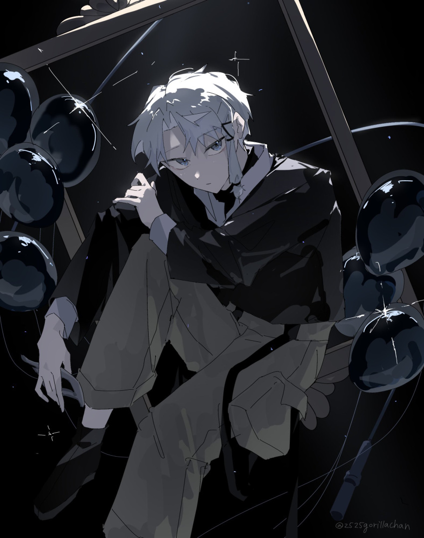 1boy, balloon, black_background, black_shoes, brown_pants, gorira, grey_eyes, grey_hair
