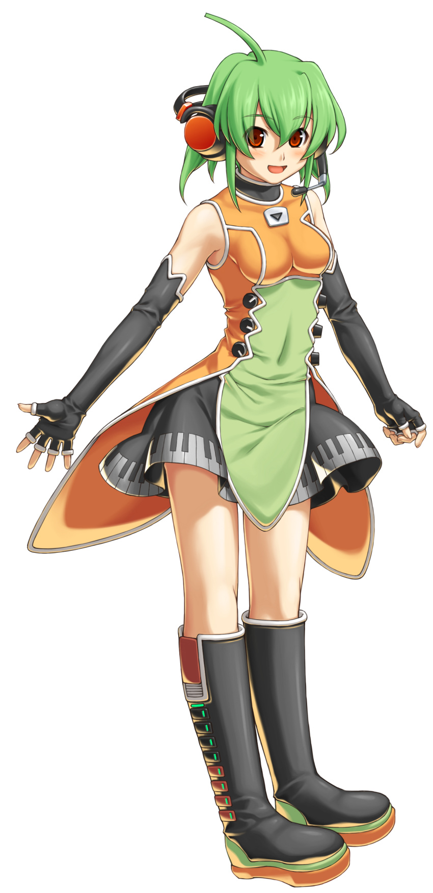 ahoge, blush, boots, elbow_gloves, extraction, fingerless_gloves, fl-chan, fl_studio, gloves, green_hair, headphones, highres, microphone, orange_eyes, piano_print, short_hair, smile, transparent_background, uruido