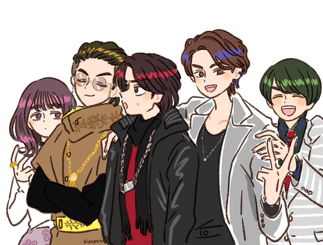 1girl, 4boys, bakugami_ryugi, bipapato, black_jacket, brown_eyes, brown_hair, byakuya_rikuo