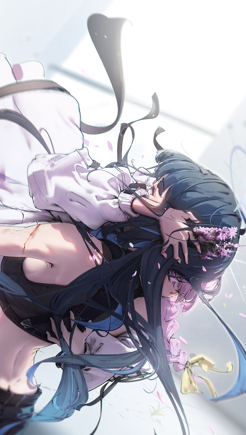 2girls, absurdres, amamami_prime, arm_injury, atsuko_(blue_archive), bare_arms, bare_back, bare_shoulders