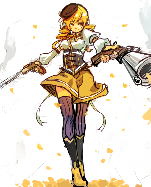 beret, blonde_hair, drill_hair, dual_wielding, gun, hat, light_kiseki, long_hair