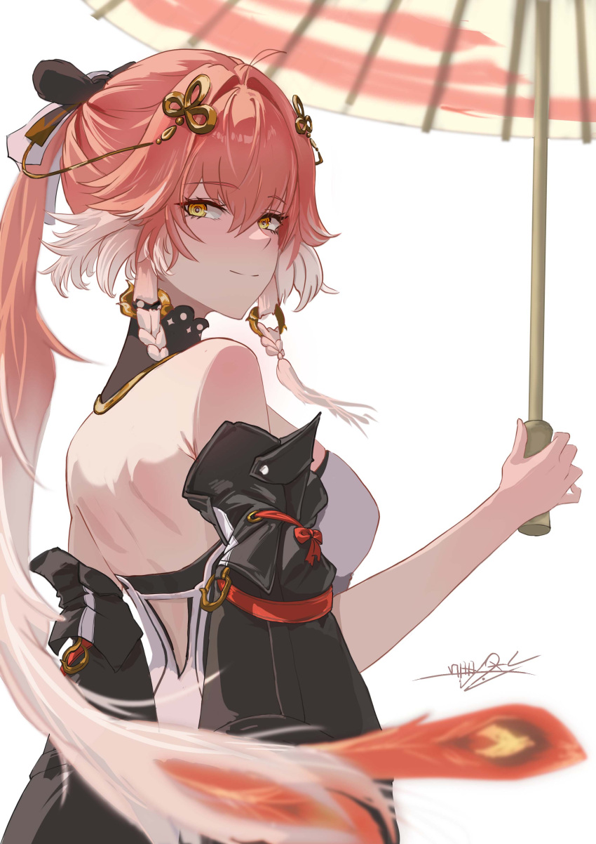 1girl, absurdres, bare_shoulders, breasts, changli_(wuthering_waves), closed_mouth, dress, hair_between_eyes, hair_ornament, highres, holding, holding_umbrella, jiyu_(606449841), long_hair, looking_at_viewer, looking_back, multicolored_hair, oil-paper_umbrella, pink_hair, ponytail, smile, solo, umbrella, white_background, white_hair, wuthering_waves, yellow_eyes