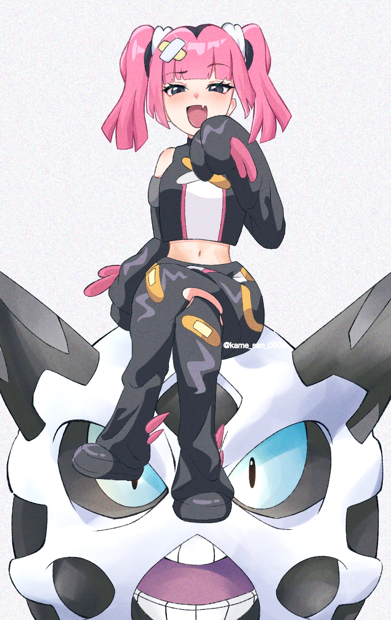 1girl, bandaid, bandaid_hair_ornament, black_hair, blunt_bangs, coral_(pokemon), fang, glalie, hair_ornament, highres, kame_san, long_sleeves, midriff, multicolored_hair, navel, open_mouth, pink_hair, pokemon, pokemon_(anime), pokemon_(creature), pokemon_horizons, sitting, sitting_on_pokemon, skin_fang, sleeves_past_fingers, sleeves_past_wrists, twintails, twitter_username, two-tone_hair