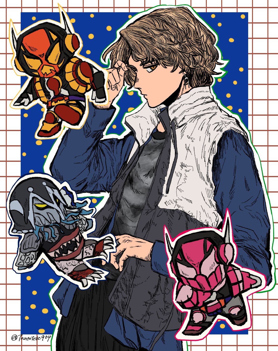 1boy, blue_hoodie, brown_hair, earrings, highres, hood, hoodie, jacket