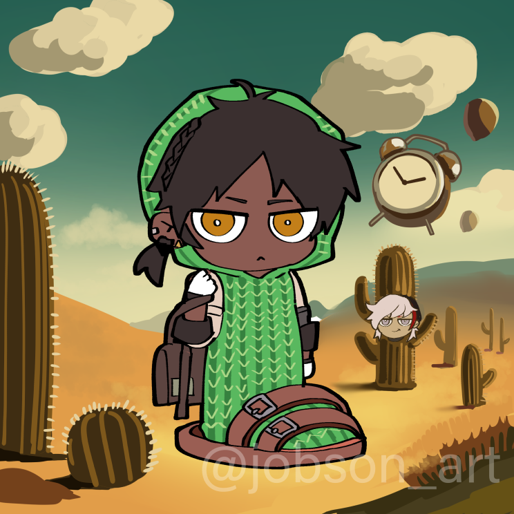 2boys, :<, ai-generated_art_(topic), arknights, black_hair, cactus, chibi, closed_mouth