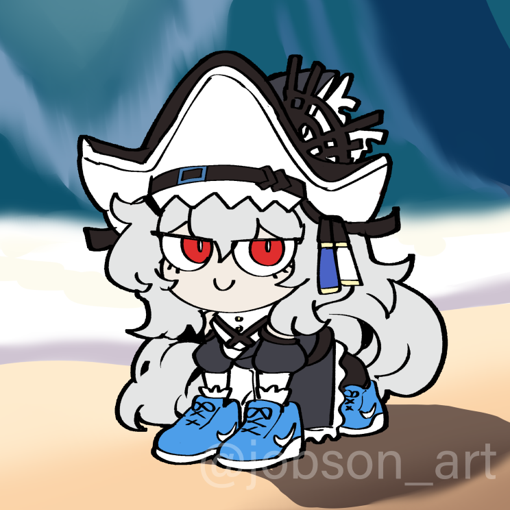 1girl, ai-generated_art_(topic), arknights, blue_shoes, chibi, closed_mouth, commentary_request, english_commentary