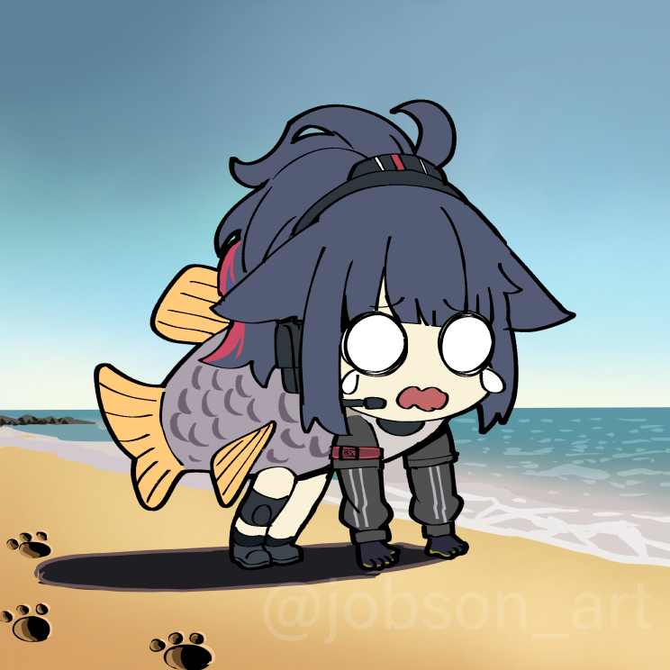 1girl, ai-generated_art_(topic), all_fours, animal_ears, arknights, beach, blank_eyes, blue_hair