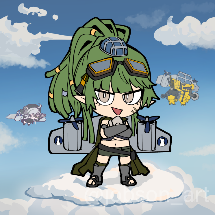 2girls, ai-generated_art_(topic), arknights, brown_eyes, chibi, clouds, commentary_request, crossed_arms