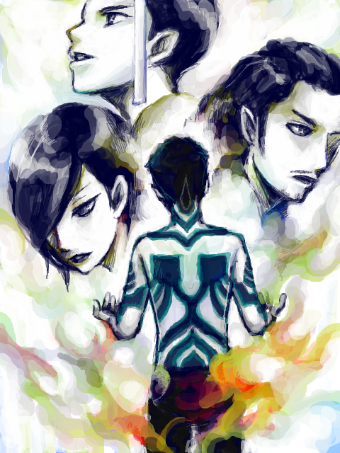 1girl, 3boys, aokoi_(nishiho), beard_stubble, black_hair, body_markings, demi-fiend, facial_hair