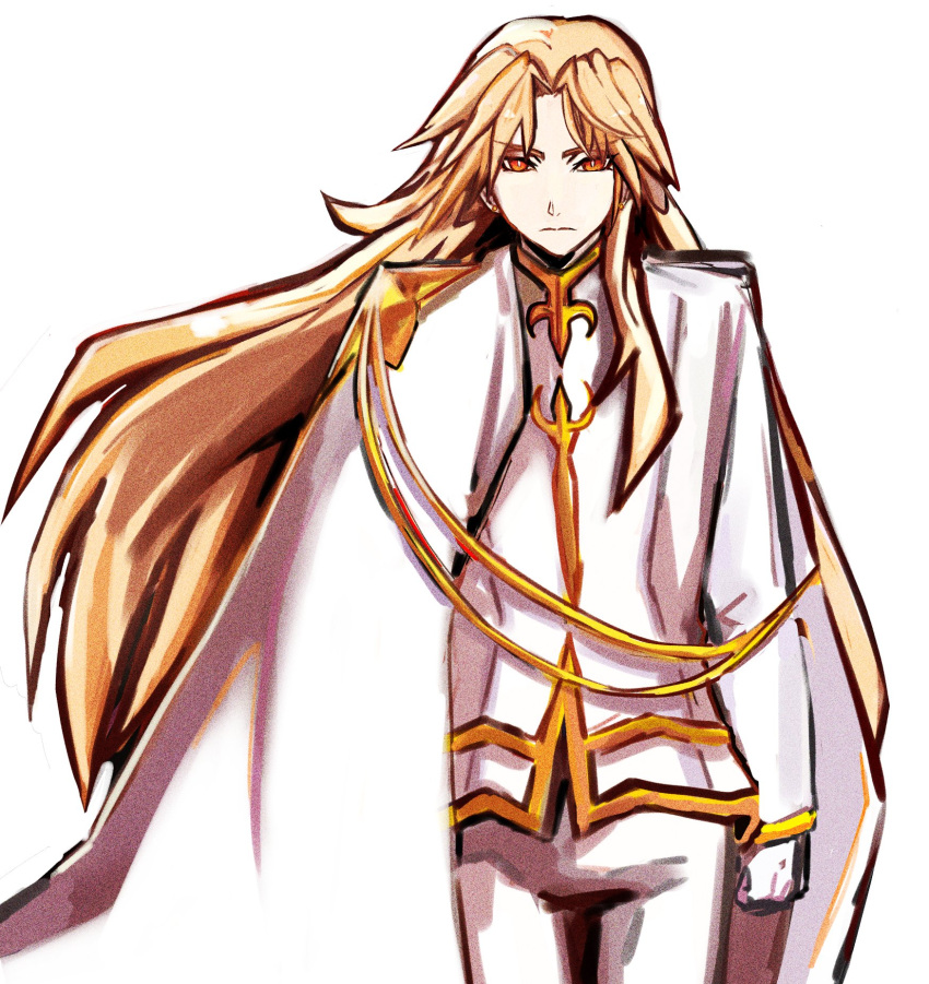 1boy, angry, blonde_hair, brunestud_of_the_crimson_moon, cape, formal_clothes, gloves, gold_trim, highres, long_hair, looking_at_viewer, male_focus, no_01r, red_eyes, simple_background, tsukihime, very_long_hair, white_cape, white_gloves