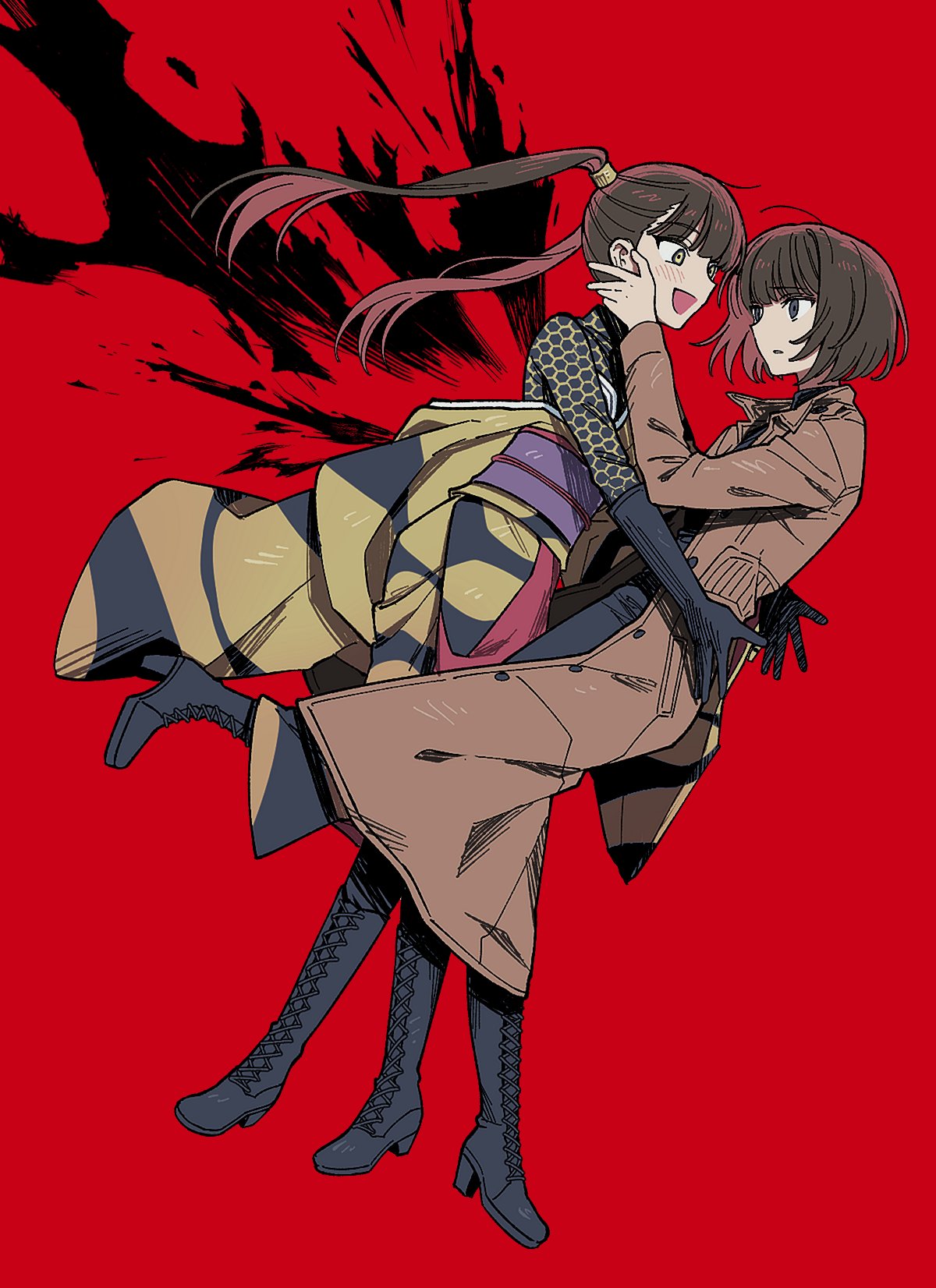 1girl, 2girls, brown_hair, coat, full_body, gloves, hachi_augment_01, highres