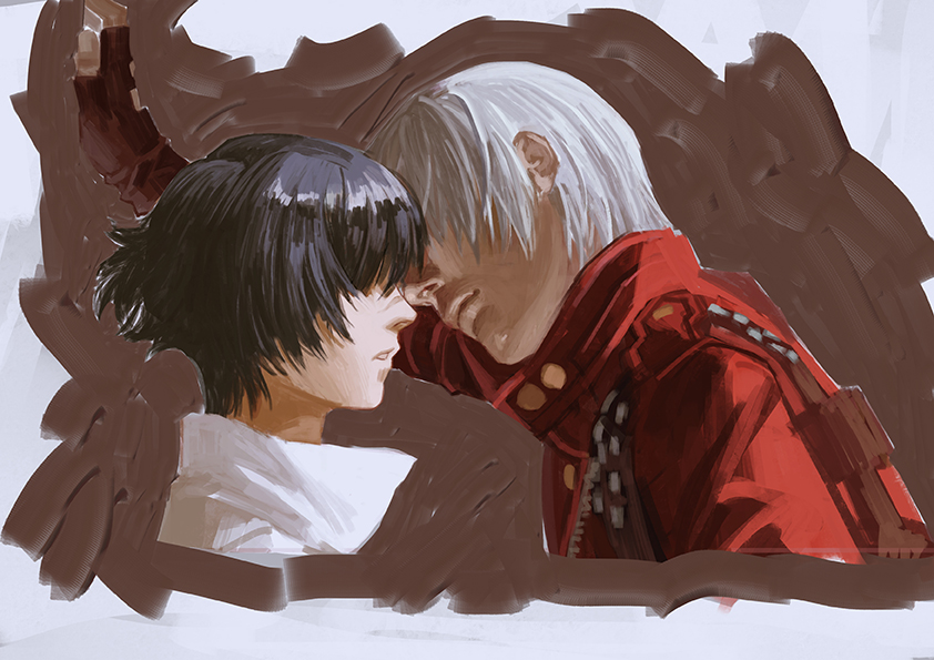 1boy, 1girl, black_hair, coat, dante_(devil_may_cry), devil_may_cry_(series), devil_may_cry_3, fingerless_gloves