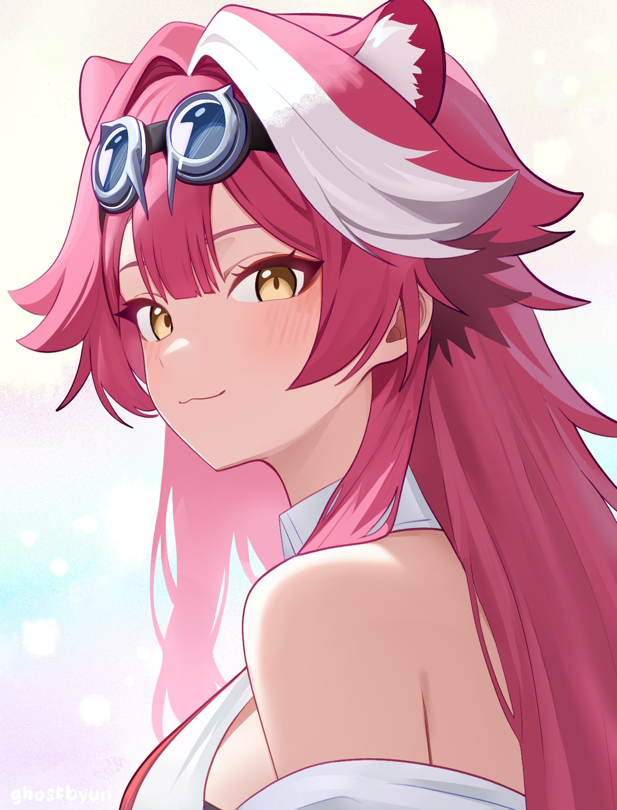 1girl, :3, animal_ears, bare_shoulders, blush, breasts, closed_mouth, commentary