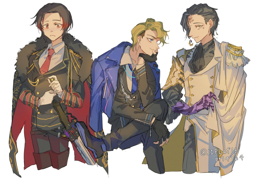 3boys, absurdres, black_hair, blonde_hair, blue_eyes, blue_jacket, blue_necktie, gira_husty