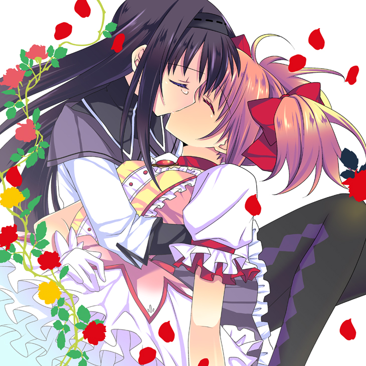 akemi_homura, black_hair, choker, closed_eyes, eyes_closed, flower, gloves, hairband
