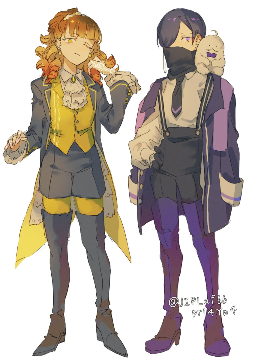 ascot, black_boots, black_hair, black_necktie, blonde_hair, boots, collared_shirt, earrings