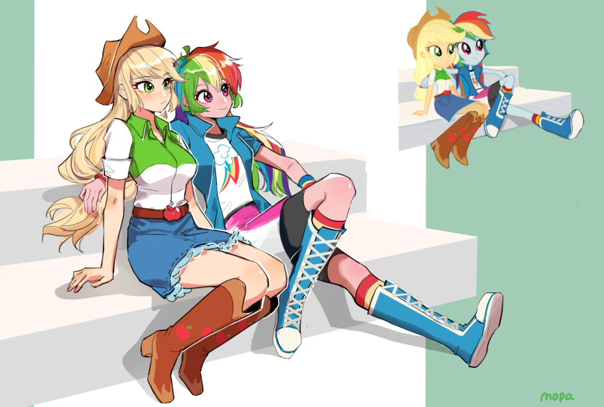 2girls, alternate_skin_color, antenna_hair, applejack, applejack_(equestria_girls), arm_support, belt, bike_shorts_under_skirt
