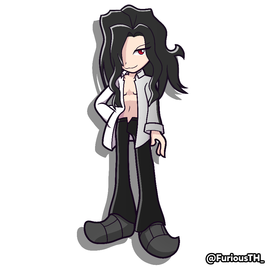 1boy, bare_pectorals, black_hair, black_pants, black_shoes, collared_shirt, furiousth, hair_over_one_eye