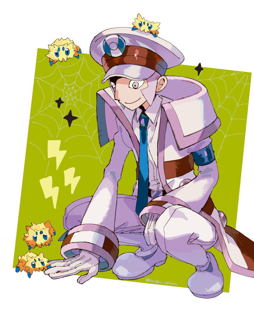 1boy, absurdres, aquiline_nose, blue_necktie, border, closed_mouth, emmet_(pokemon), full_body