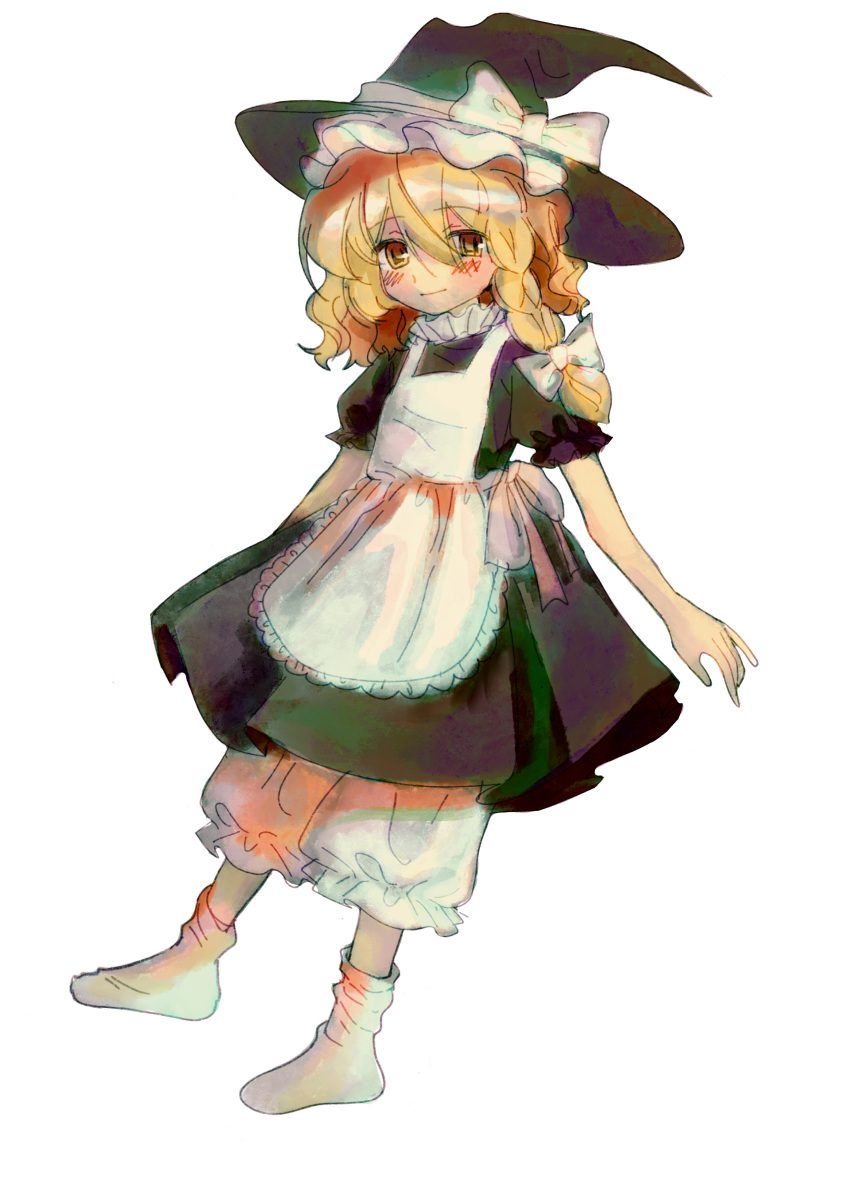 1girl, absurdres, apron, bingkuaihei, black_dress, black_hat, blonde_hair, bloomers