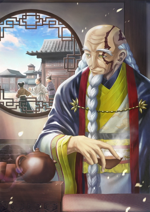1boy, architecture, balding, beard, braid, braided_beard, chinese_clothes, closed_mouth