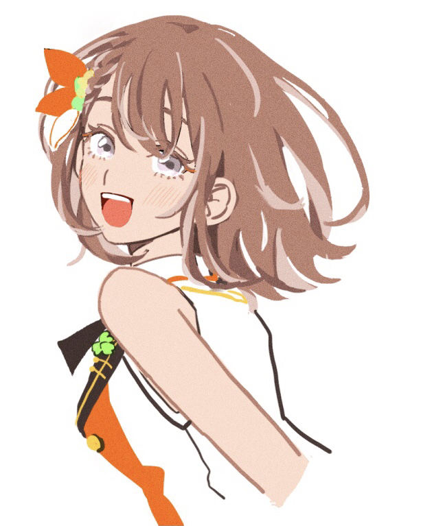 1girl, bare_arms, blush, bow, braid, braided_bangs, brown_hair, buttons, clover_pin, colored_eyelashes, cropped_torso, eyelashes, film_grain, grey_eyes, hair_behind_ear, hair_bow, hanasato_minori, lapel_pin, lapels, long_eyelashes, looking_at_viewer, looking_back, open_mouth, orange_bow, orange_vest, project_sekai, short_hair, simple_background, solo, swept_bangs, ta07, tareme, teeth, two-tone_bow, two-tone_vest, unbuttoned, unbuttoned_vest, upper_body, upper_teeth_only, vest, wavy_hair, white_background, white_bow, white_vest
