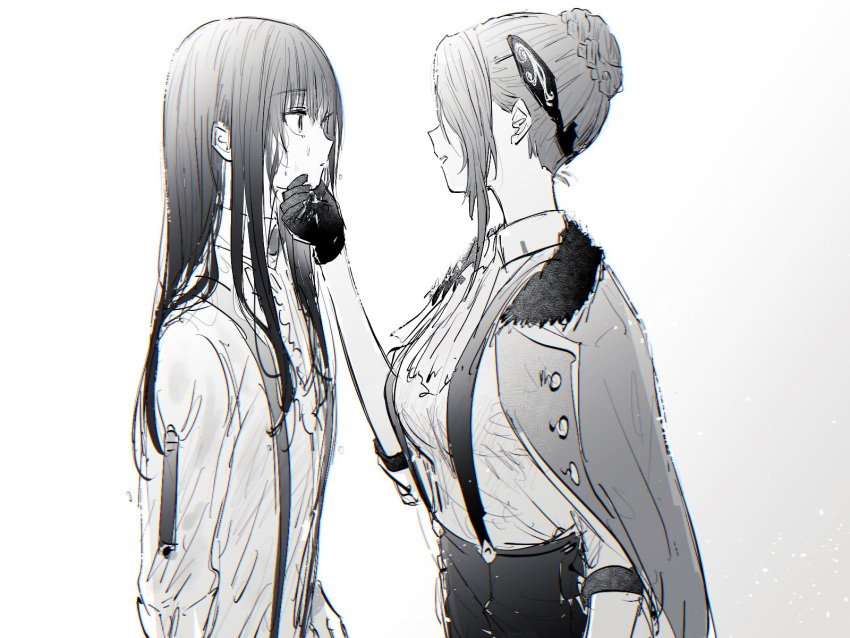 2girls, black_hair, face-to-face, gloves, hanamura_shiki, hand_on_another's_chin, heaven_burns_red, highres, jacket, jacket_on_shoulders, kulfiq, long_hair, looking_at_another, monochrome, multiple_girls, overalls, shirt, sidelocks, suspenders, white_shirt, yanagi_mion, yuri