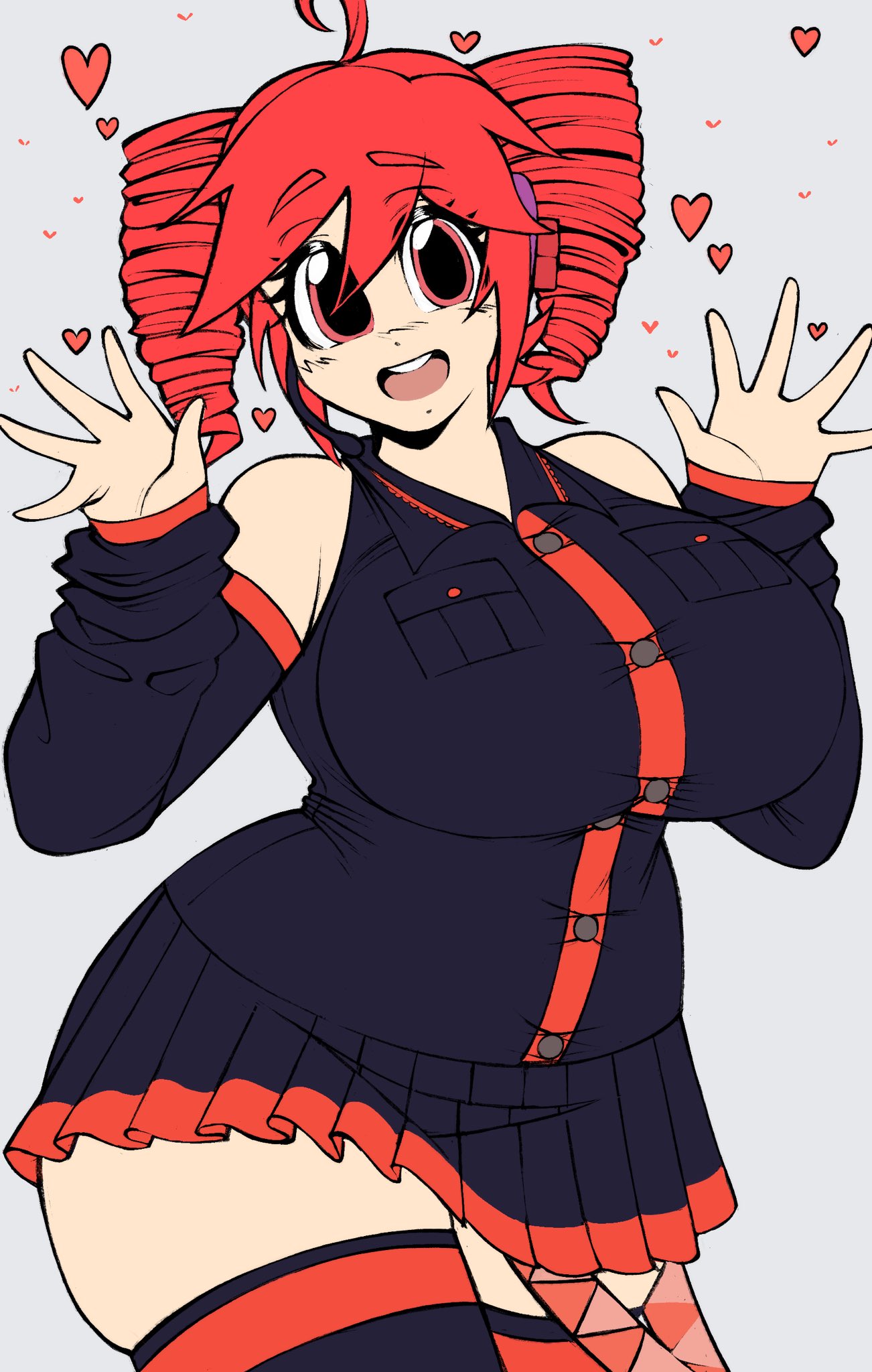 1girl, :d, ahoge, alternate_breast_size, black_shirt, black_skirt, black_thighhighs, blush_stickers, breasts, collared_shirt, cowboy_shot, detached_sleeves, drill_hair, flat_color, hands_up, headset, heart, highres, huge_ahoge, kasane_teto, kasane_teto_(utau), large_breasts, looking_at_viewer, miniskirt, open_mouth, pleated_skirt, plump, red_eyes, red_hair, shirt, short_hair, simple_background, skiddioop, skirt, sleeveless, smile, teeth, thick_thighs, thigh-highs, thighs, twin_drills, twintails, upper_teeth_only, utau, vocaloid, white_background, zettai_ryouiki