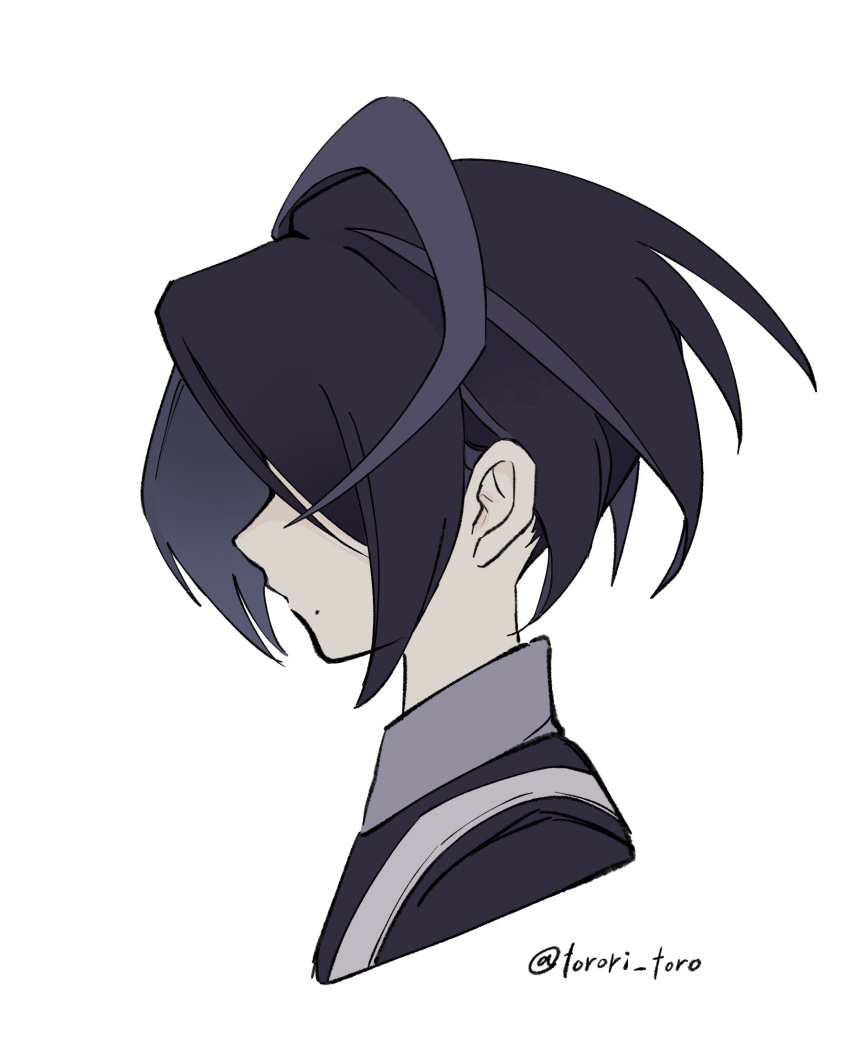 1boy, allister_(pokemon), black_hair, cropped_shoulders, from_side, hair_over_eyes, highres, male_focus