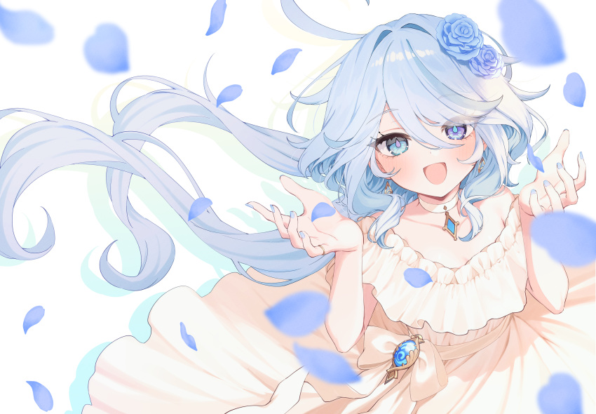 1girl, :d, absurdres, alternate_costume, blue_eyes, blue_flower, blue_gemstone, blue_nails